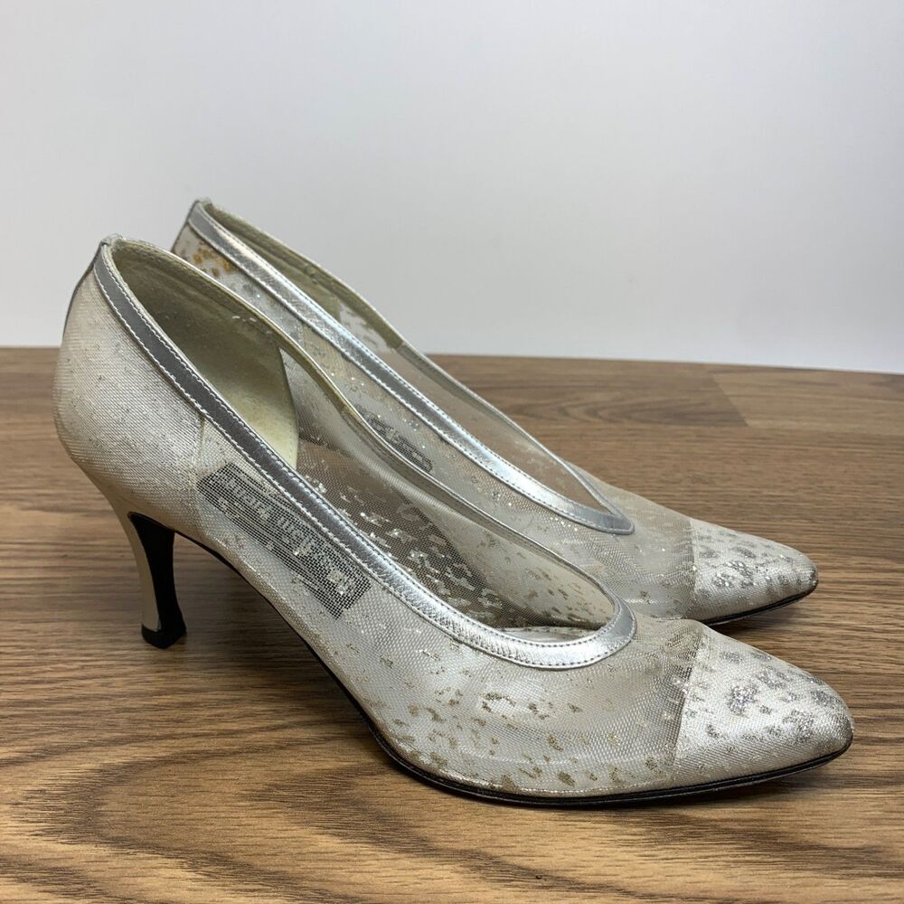 Stuart weitzman New York heels Silver Sheer 7.5B Glitter Womens‎ Pointed Toe